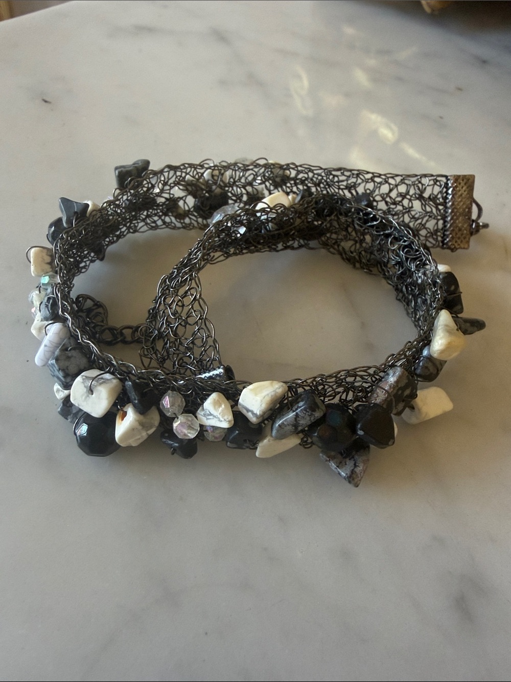 Handcrafted Gray Black & White Beaded Adjustable Choker Necklace - Picture 5 of 6